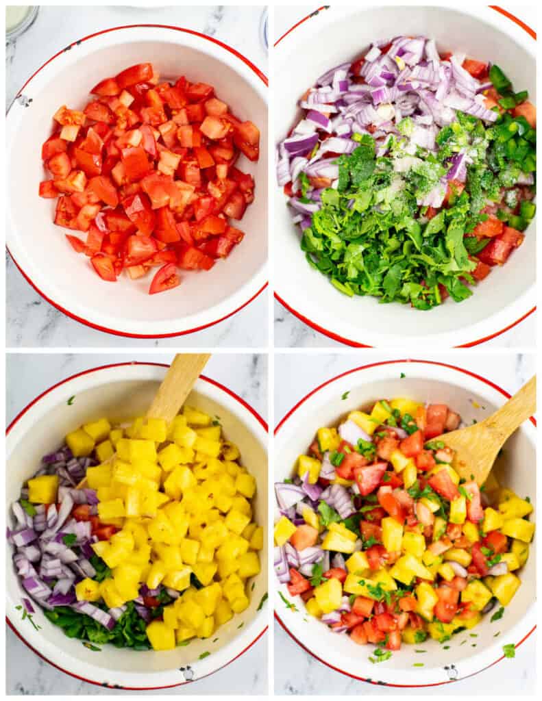 A collage of images showcasing the process of making pineapple pico de gallo. In the first panel is a large white bowl of diced tomatoes. In the second panel, diced onions, cilantron and green chilies have been added to the bowl. In the third panel, pineapple has been added to the bowl. In the last panel, the ingredients have been mixed together.
