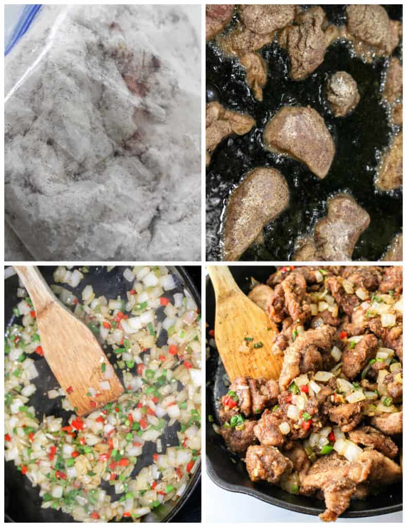 A collage of four images. In the first panel is a zip top plastic bag of chicken coated in salt, pepper, and corn starch. in the second panel is several pieces of salt and pepper chicken are being fried in a pan. In the third panel is a pan of diced onion, green onion, and red pepper. In the last panel is s pan of cooked salt and pepper chicken.
