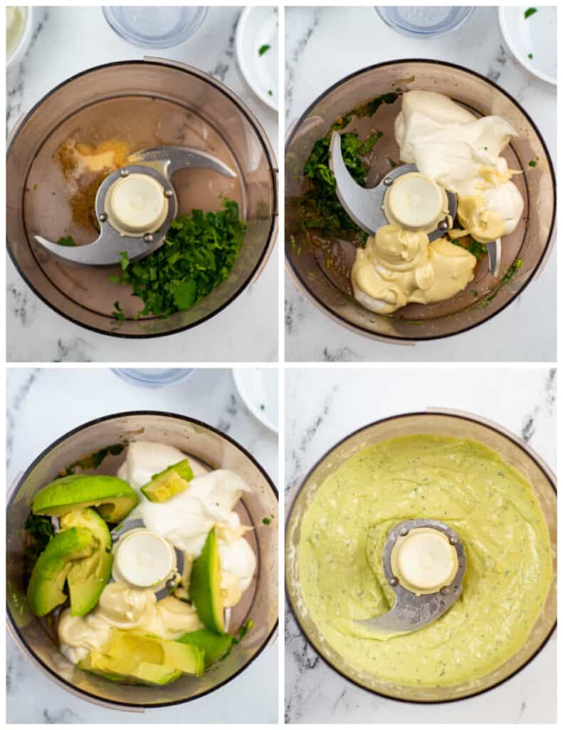 A collage of four images showcasing the process of making avocado cilantro crema. In the first panel is a food processor with cumin, garlic powder, salt, cilantro, and lime juice. In the second panel, mayonnaise and sour cream have been added to the food processor. In the third panel, sliced avocado has been added, in the final panel all of the ingredients have been blended together.