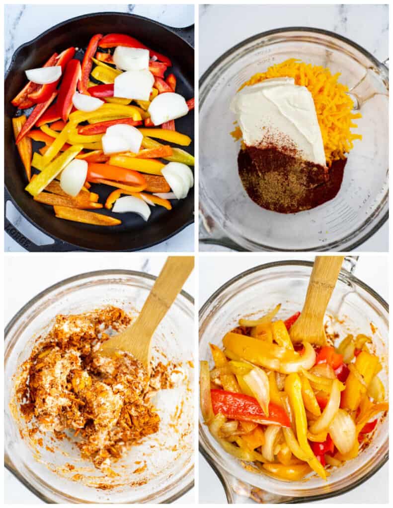 A collage of four images. In the first panel is a pan of uncooked onions and peppers. In the second panel is a large glass bowl of cream cheese, shredded cheddar cheese and seasoning. In the third panel, the seasoning, cream cheese, and cheddar have been mixed together. In the last panel the peppers and onions have been mixed into the cream cheese mixture.