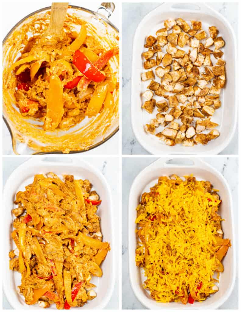 A collage of four images. In the first panel is a large glass bowl of peppers, onions, cream cheese, and shredded cheddar. In the second panel is a casserole pan of diced chicken. In the third panel, the fajita mixture has been added to the casserole dish. In the final panel, it has been topped with shredded cheddar cheese.