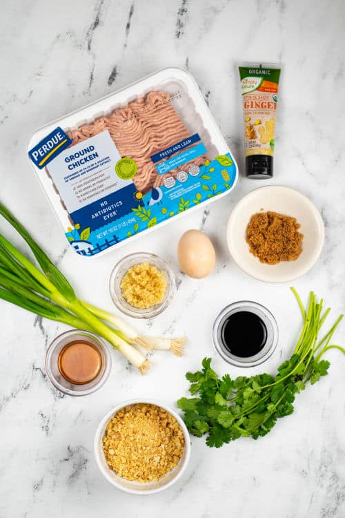 An overhead view of several ingredients for chicken teriyaki burgers on a marble countertop.