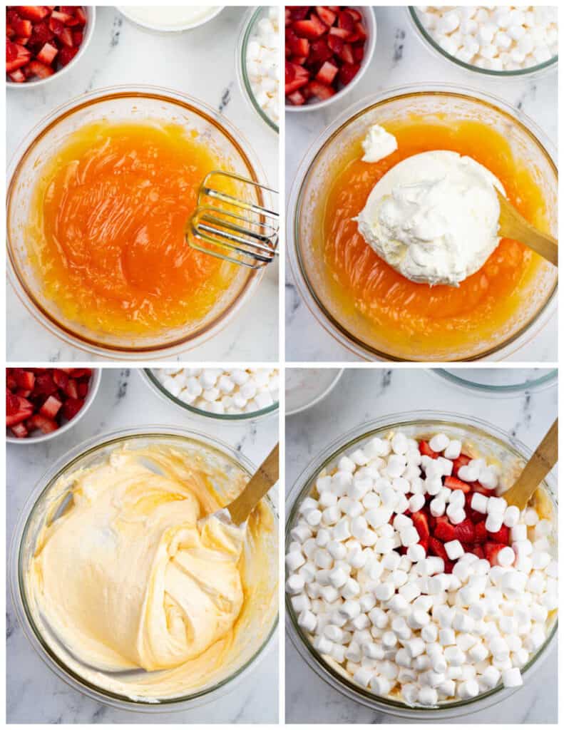 A collage of four images. In the first panel is a large glass bowl of strawberry gelatin and vanilla pudding mixed together. In the second panel, cool whip has been added to the bowl. In the third panel, the cool whip has been mixed with the other ingredients. In the last panel, marshmallows and diced strawberries have been added to the bowl.
