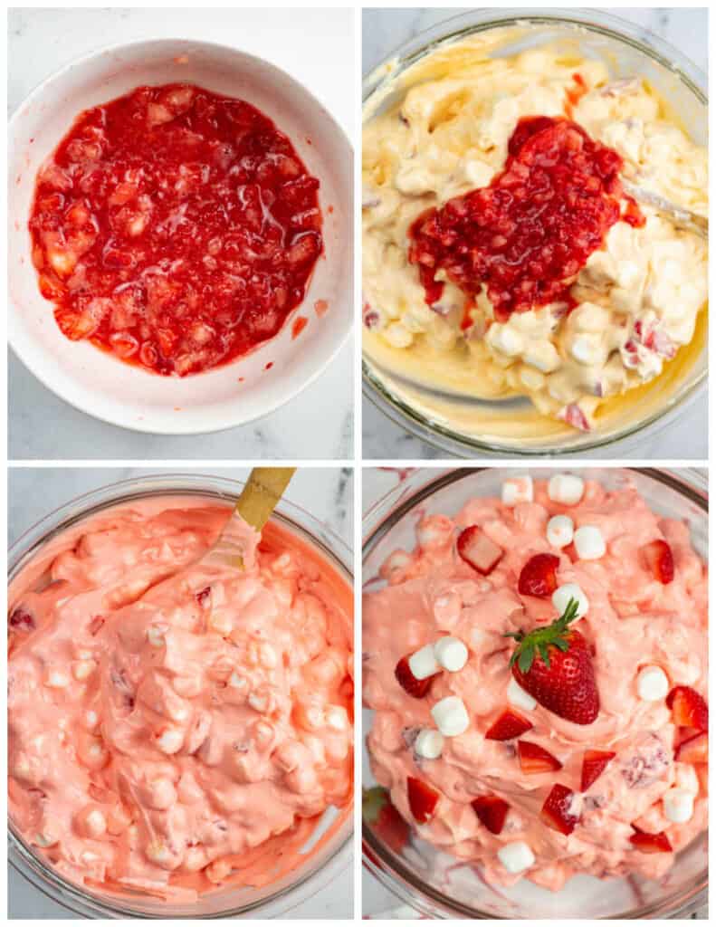 A collage of four images. In the first panel is a white bowl of crushed strawberries. In the second panel, the crushed strawberries have been added to a large glass bowl of strawberry fluff. In the third panel, the crushed strawberries have been mixed into the strawberry fluff. In the last panel, diced strawberries and marshmallows have been added as a garnish, along with a whole strawberry on top.