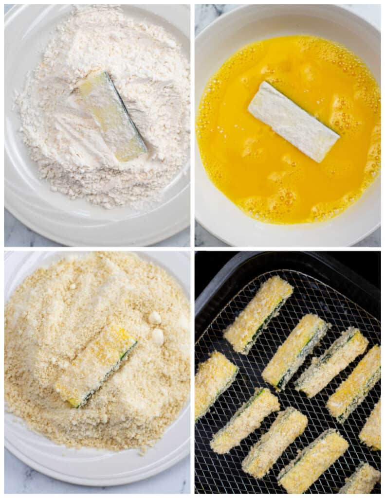 A collage of four images. In the first panel is a zucchini fry being coated in a flour mixture. In the second panel, the zucchini fry is being coated in egg. In the third panel, the zucchini fry is being coated in Parmesan cheese and breadcrumbs. In the last panel is a batch of zucchini fries in an air fryer.