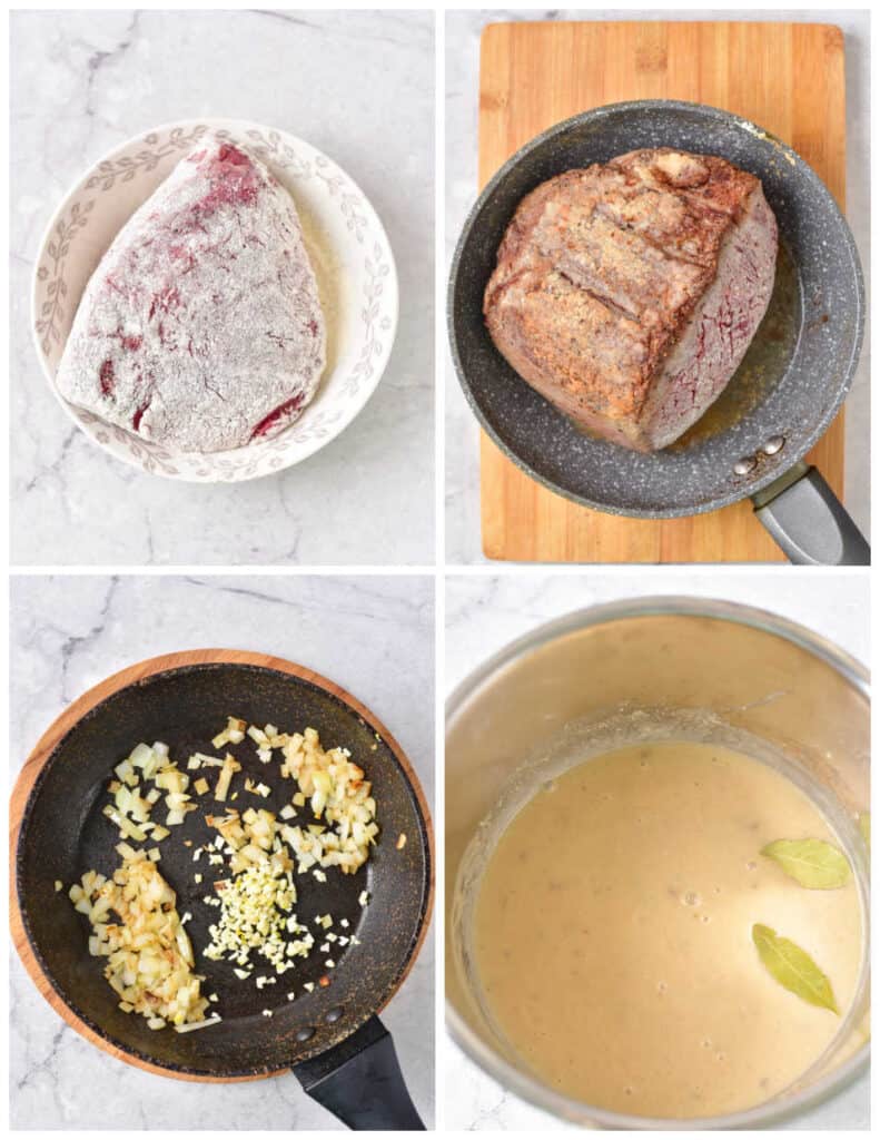 A collage of four images. In the first panel is an uncooked beef roast coated in flour in a white bowl. In the second panel, the beef roast is being seared in a pan. In the third panel is a pan of diced garlic and onions being caramelized. In the last panel is cream of mushroom, beef broth, and bay leaves in the pot of an instant pot.