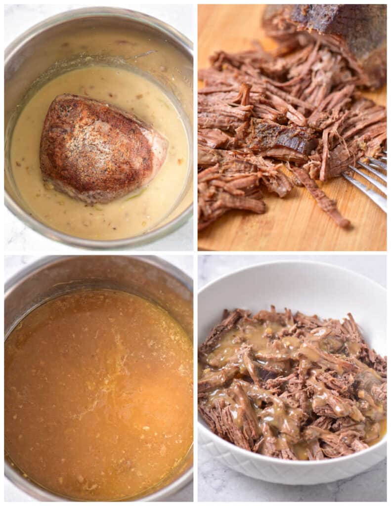 A collage of four images. In the first image is a beef roast in an instant pot pot with gravy. In the second image, the beef is being shredded with a fork on a wooden cutting board. In the third panel is an instant pot pot of gravy. In the last panel is a bowl of pot roast covered in gravy.
