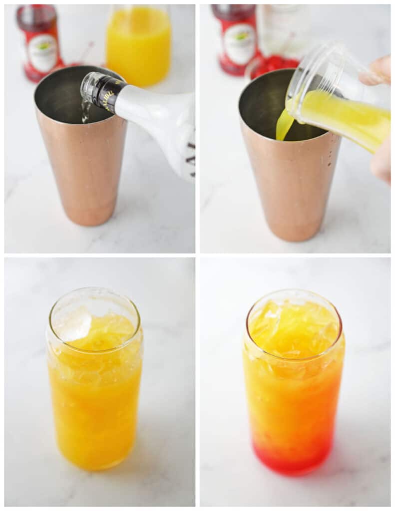 A collage of four images showcasing the process of making Malibu rum punch. In the first panel, Malibu rum is being added to a cocktail shaker. In the second panel, orange juice is being added. In the third panel, the contents of the shaker have been added to a glass with ice. In the last panel, grenadine has been added to the glass.