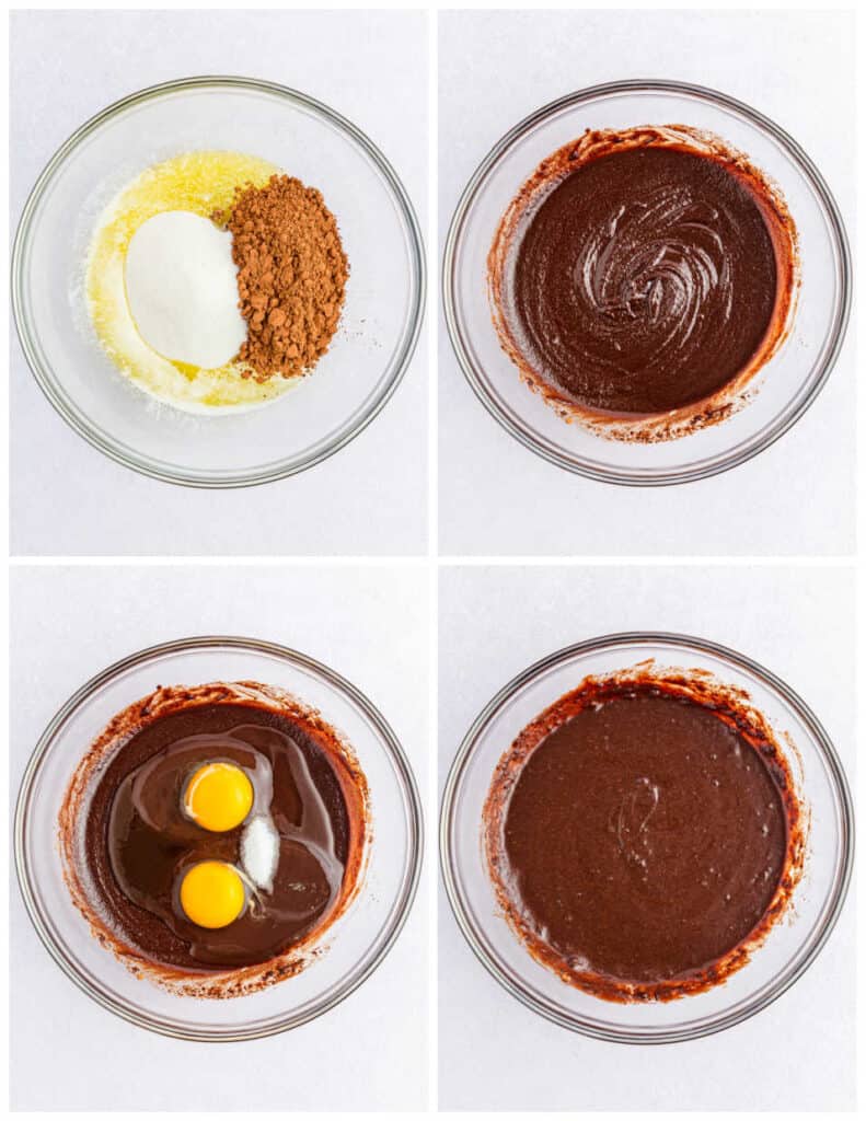A collage of four images showcasing the process of making batter for peanut butter cup brownies. In the first panel is a large glass bowl with sugar, cocoa powder and butter. In the second panel the ingredients in the bowl have been mixed together. In the third panel, eggs have been added to the bowl. In the last panel, all the ingredients have been mixed together.