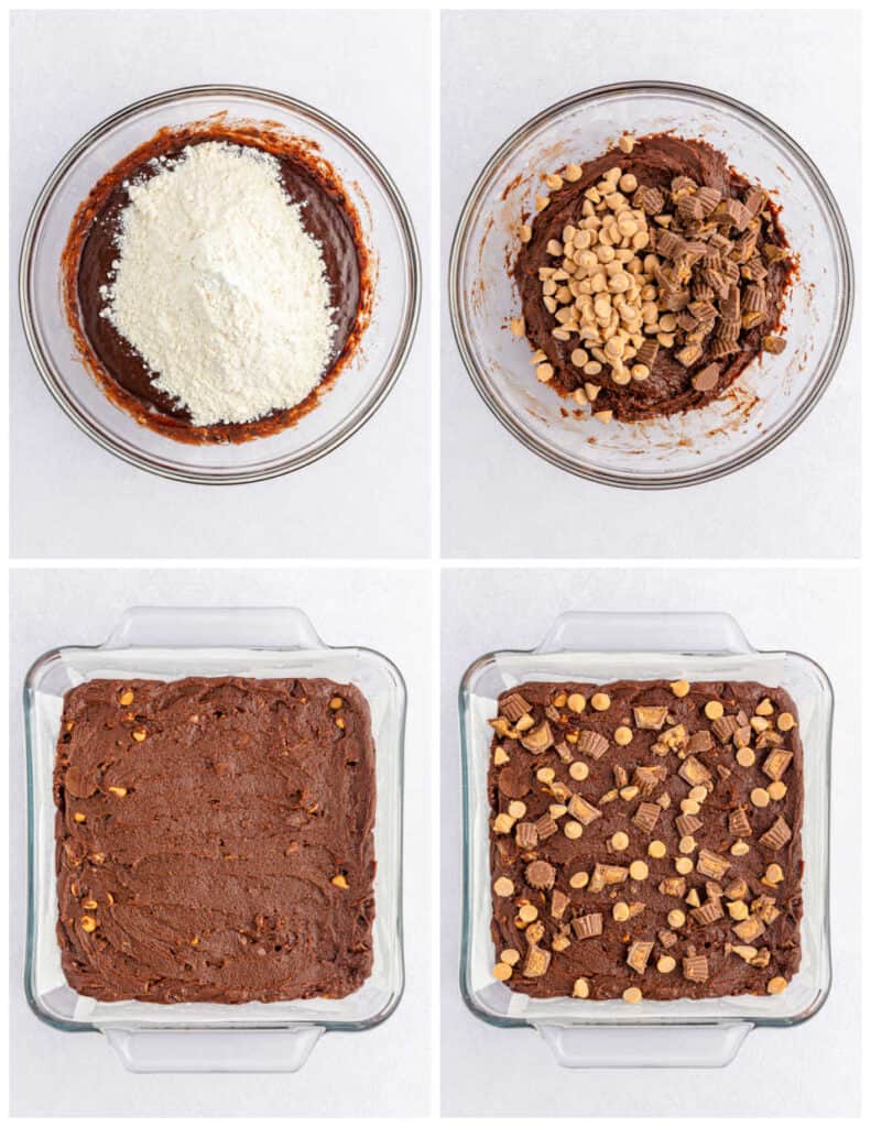A collage of four images. In the first panel, is a large glass bowl of brownie batter, with flour, baking powder, and salt being added. In the second panel, the ingredients have been mixed together, and mini peanut butter cups along with peanut butter chips have been added to the bowl. In the third panel, the brownie mixture has been spread into a baking tray. In the last panel, extra peanut butter chips and mini peanut butter cups have been added on top.