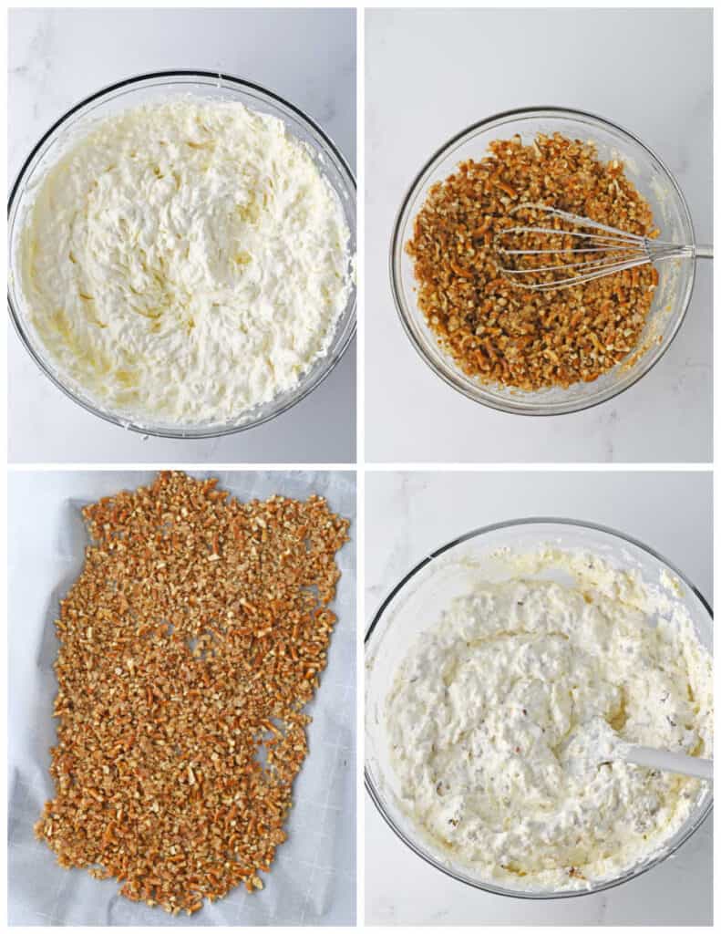 A collage of four images showcasing the process of making pineapple pretzel fluff. In the first panel is a large white bowl of pineapple, cool whip, crushed pineapple, and sugar. In the second panel is a large glass bowl of crushed pretzels. In the third image, the pretzels have been laid onto a sheet of parchment paper. In the last panel, the pretzels have been mixed into the pineapple fluff.