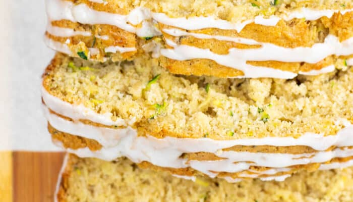 A close-up of several pieces of pineapple zucchini bread.