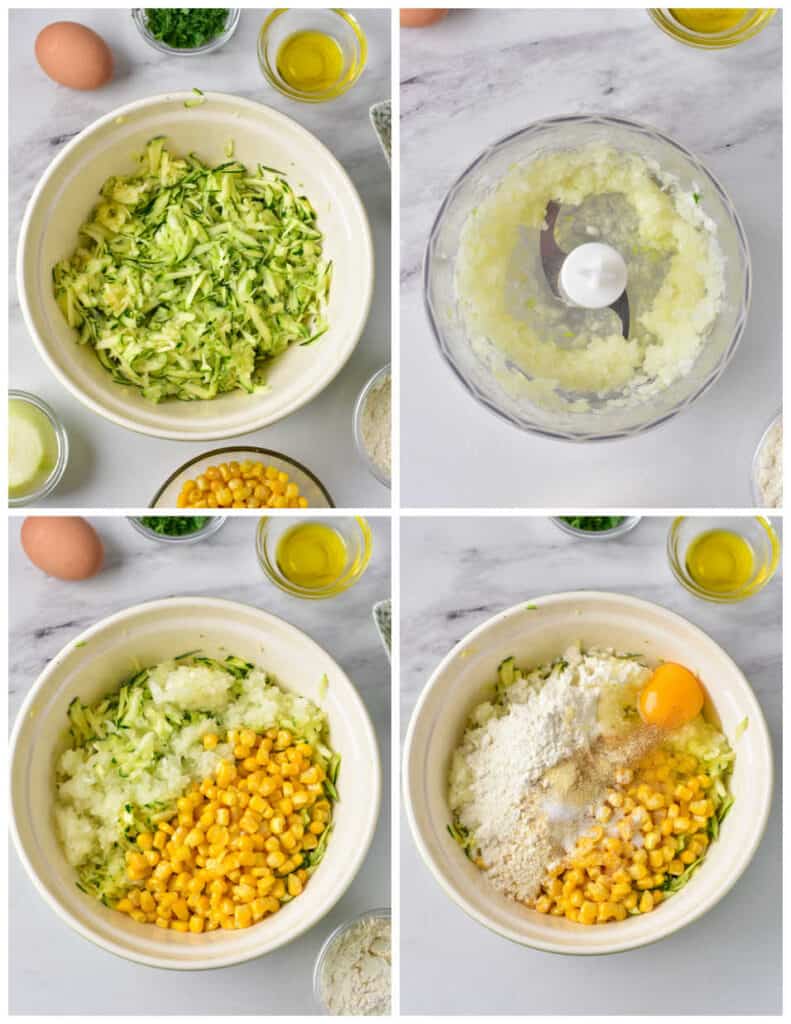 A collage of four images. In the first panel is a large white bowl of shredded cucumber. In the second panel is a food processor of minced onions. In the third panel, the minced onions, along with a bowl of corn have been added to the bowl with the cucumbers. In the last panel, flour, seasoning, and an egg have been added to the bowl.