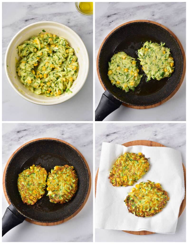 A collage of four images. In the first panel is a bowl of ingredients for zucchini corn fritters mixed together. In the second panel is two uncooked zucchini corn fritters in a pan. In the third panel, the fritters have been fried in the pan until golden brown. In the last panel, the fritters have been dished onto a plate.
