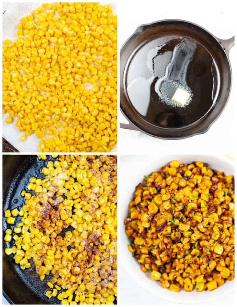 A collage of four images showcasing the process of making blackened corn. In the first panel is a pile of corn on a paper towel. In the second panel is a slice of butter being melted in a cast iron pan. In the third panel, the corn has been added to the pan, along with several spices. In the last panel, the corn has been served in a large white bowl.