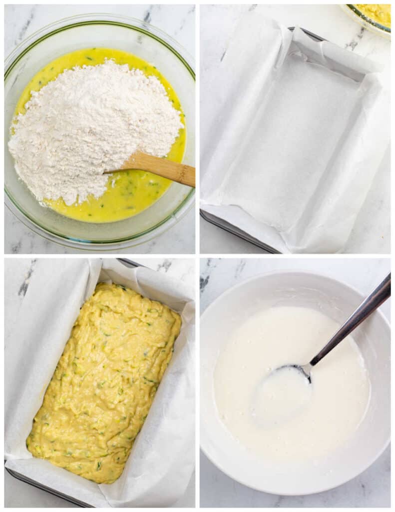 A collage of four pictures showing the steps for making lemon zucchini bread. The first is a bowl full of batter that has had flour added to it. The second shows a loaf pan lined with parchment paper. In the third the batter has been poured into the prepared pan. The final picture shows powdered sugar and lemon juice mixed together to create a glaze.