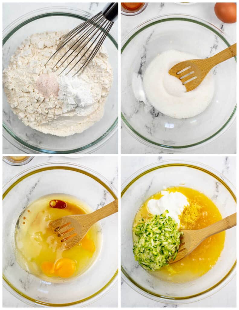 A collage of four pictures showing how to make lemon zucchini bread. The first shows flour, baking powder and salt being whisked together in a bowl. In the next picture sugar has been placed in large mixing bowl, and in the next picture eggs, oil, vanilla and lemon juice have been added. In the final picture lemon zest, shredded zucchini and Greek yogurt have been added.