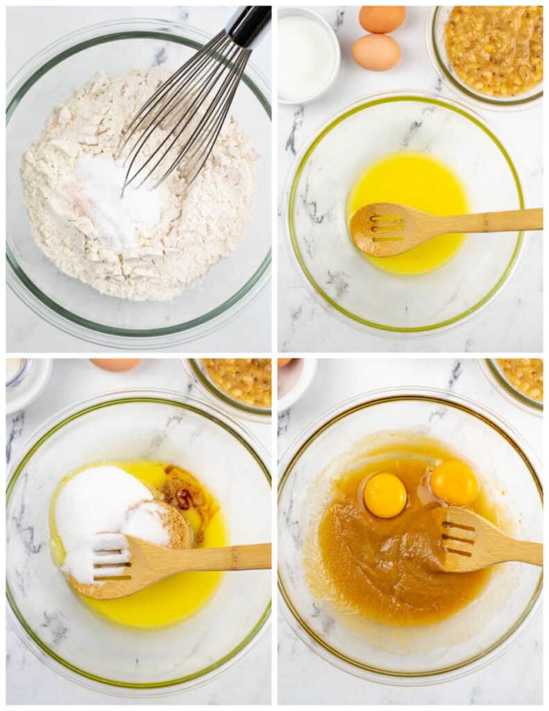 A collage of four images. In the first panel is a large glass bowl of flour, baking powder, and salt. In the second panel is a large glass bowl of butter. In the third panel, white sugar, brown sugar, and vanilla extract have been added to the bowl alongside the butter. In the last panel, all the ingredients in the second bowl have been mixed together, and two eggs have been added.