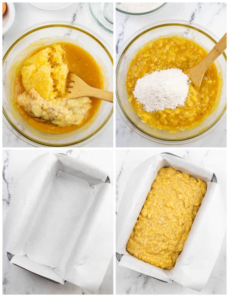 A collage of four images. In the first panel is a large glass bowl of crushed banana and crushed pineapple, along with several other wet ingredients for pineapple banana bread. In the second panel, the dry ingredients have been added to the bowl with the wet ingredients. In the third panel is an empty loaf pan lined with parchment paper. In the last panel, the pineapple banana bread batter has been added to the loaf pan.