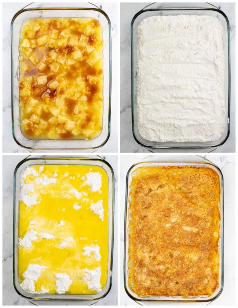 A collage of four images showcasing the process of making pineapple dump cake. In the first panel is a glass baking pan of crushed pineapple, pineapple chunks, and brown sugar. In the second panel, a layer of cake mix has been added to the baking pan. In the third panel, melted butter has been added to the baking tray. In the final panel is the finished dump cake in the pan, after being baked.