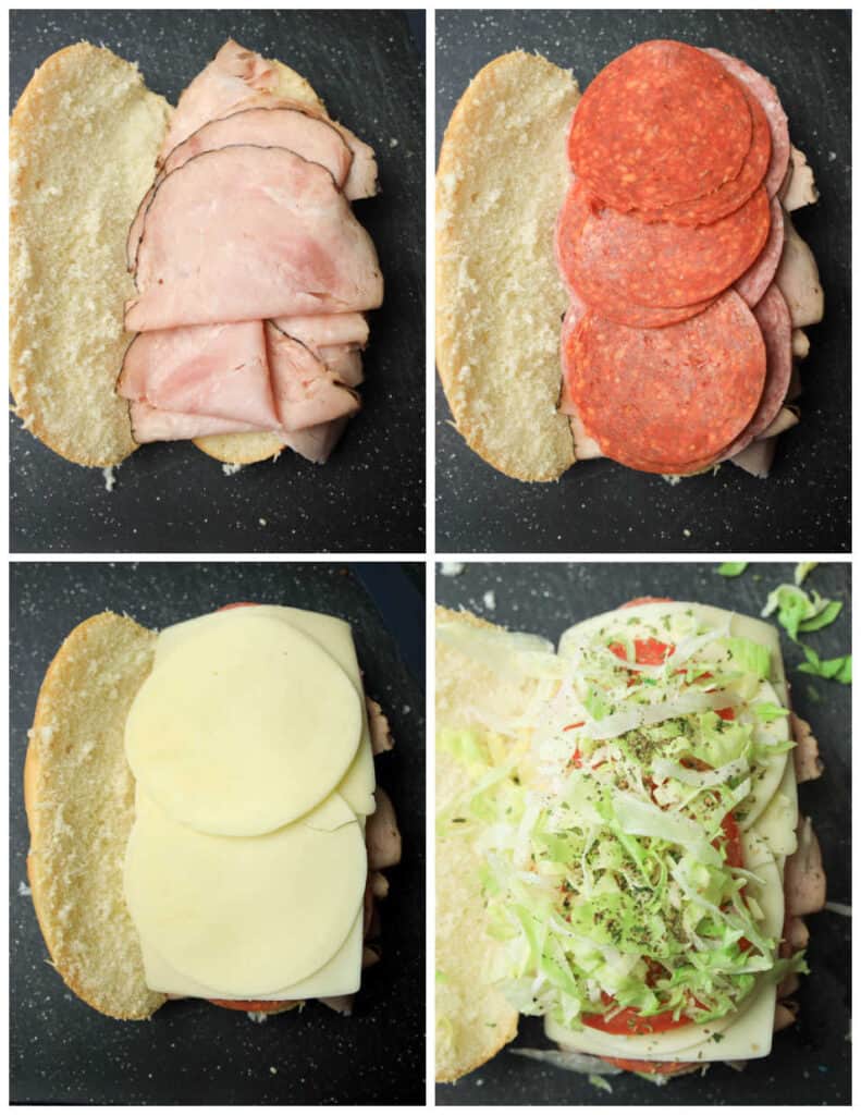 A collage of four images showcasing the process of making an Italian grinder sandwich. In the first panel is a sandwich bun topped with sliced turkey lunch meat. In the second panel, salami and pepperoni have been added. In the third panel, sliced provolone cheese has been added. In the final panel, tomatoes and seasoning have been added.