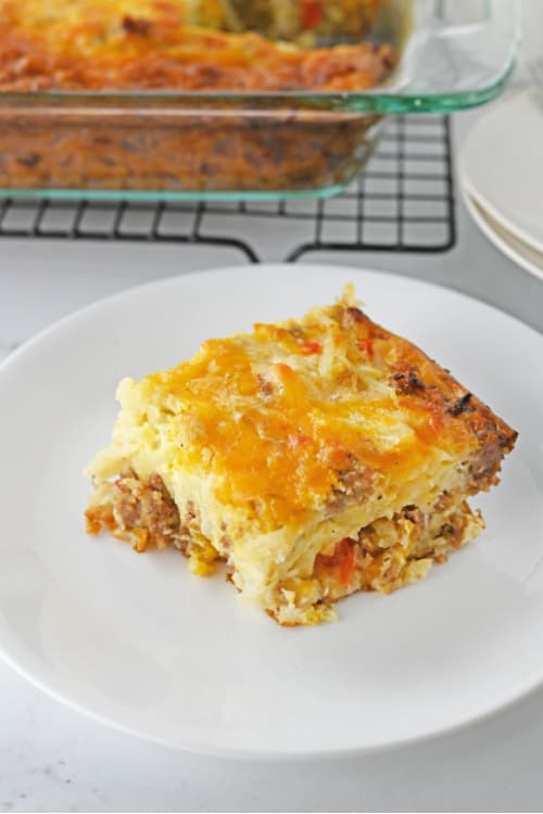 A small white plate of Bisquick breakfast casserole