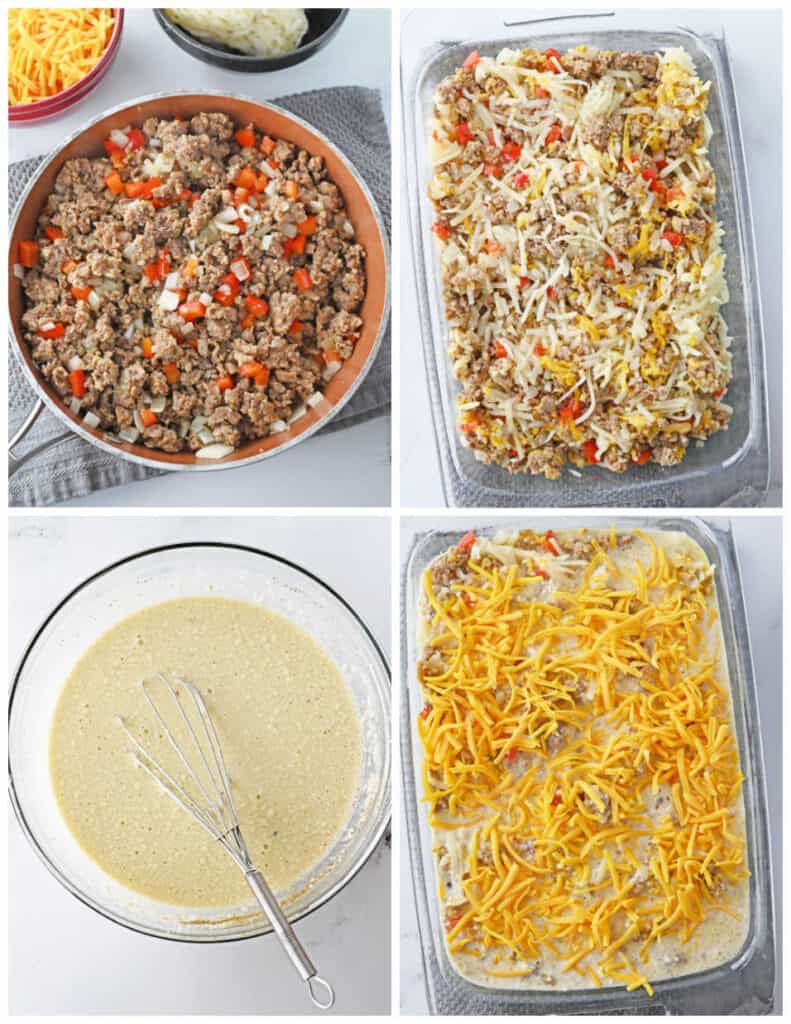 A collage of four images showcasing the process of making Bisquick breakfast casserole. In the first panel is a pan of ground sausage along with diced red peppers and onions. In the second panel, the filling has been added to a glass casserole pan and topped with shredded cheddar and mozzarella cheese. In the third panel is a large glass bowl of Bisquick batter being mixed together. In the final panel, the batter has been added to the casserole pan with the filling and topped with shredded cheddar cheese.