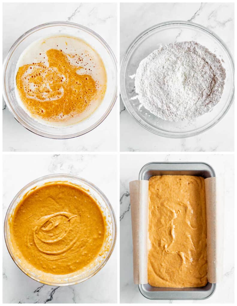A collage of four images. In the first panel is a glass bowl of wet ingredients for pumpkin bread. In the second panel is a glass bowl of dry ingredients for pumpkin bread. In the third panel, the wet and dry ingredients have been mixed together. In the final panel, the batter has been poured into a loaf pan.