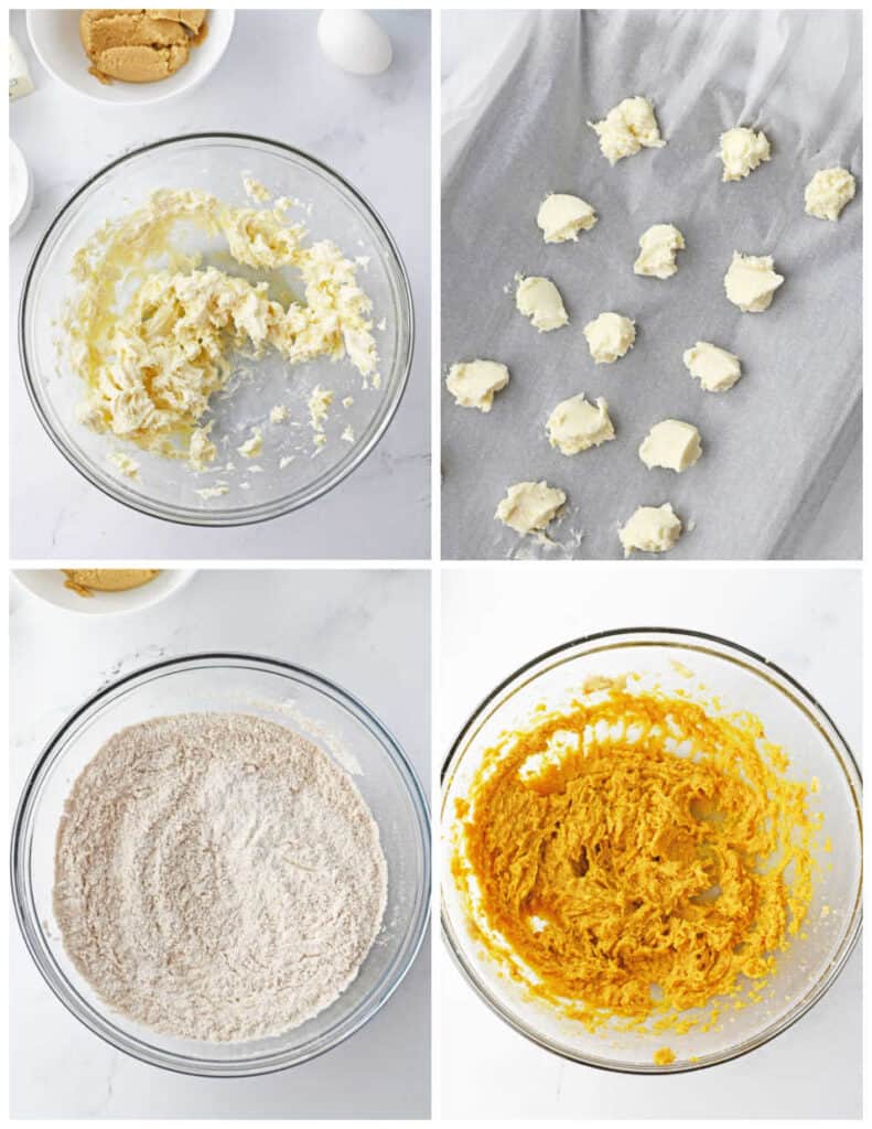 A collage of four images. In the first panel is a glass bowl of several ingredients for cream cheese filling. In the second panel, the filling has been scooped onto a parchment-lined baking sheet. In the third panel is a glass bowl of dry ingredients for pumpkin cookie dough. In the final panel is a glass bowl of the finished cookie dough.