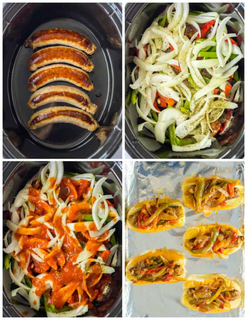 A collage of four images showcasing the process of making slow cooker Italian sausage sandwiches. In the first panel is several Italian sausages in a slow cooker. In the second panel, peppers, onions, and several spices have been added to the pot. In the third panel, pasta sauce has been added. In the final panel, the contents of the pot have been fully cooked and placed into sandwich buns.
