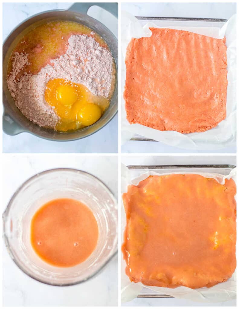 A collage of four images showcasing the process of making strawberry cake mix brownies. In the first panel is a large metal bowl of strawberry brownie ingredients. In the second panel, the strawberry brownies have been baked in a glass baking pan. In the third panel is a glass bowl of strawberry glaze. In the last panel, the glaze has been added on top of the strawberry brownies.