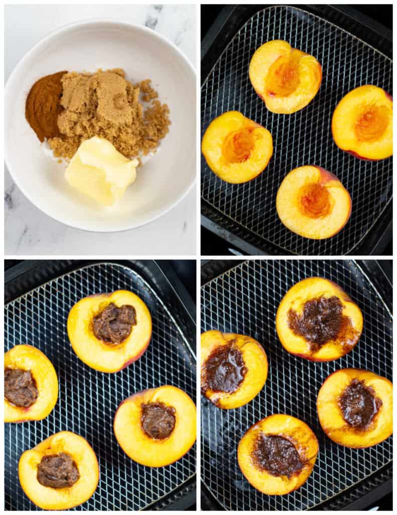 a collage of 4 pictures showing how to make air fryer peaches. In the first butter, brown sugar and cinnamon have been placed in a white mixing bowl. In the second picture peach halves have been placed in the basket of an air fryer. In the third picture the butter mixture has been placed in the center of each peach and in the final picture the butter has melted and the peaches are caramelized.