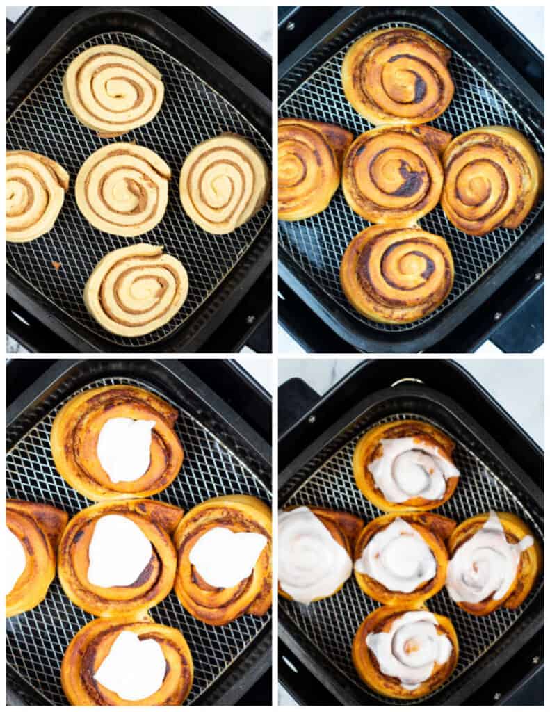 A collage of four pictures showing how to make air fryer cinnamon rolls. The first shows raw cinnamon rolls in an air fryer basket, the next shows the rolls cooked the next shows the cinnamon rolls with frosting on them. The final picture shows the icing melted across the rolls.