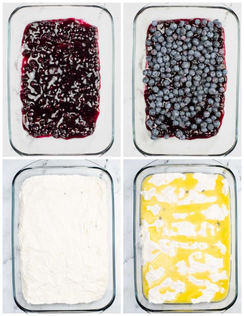 A collage of four pictures showing how to make blueberry cake mix cobbler. The first shows blueberry pie filling in a glass baking dish. In the next picture fresh blueberries have been spread across the top. In the third picture the blueberries have been covered with cake mix and in the final picture melted butter has been poured over the cake mix.