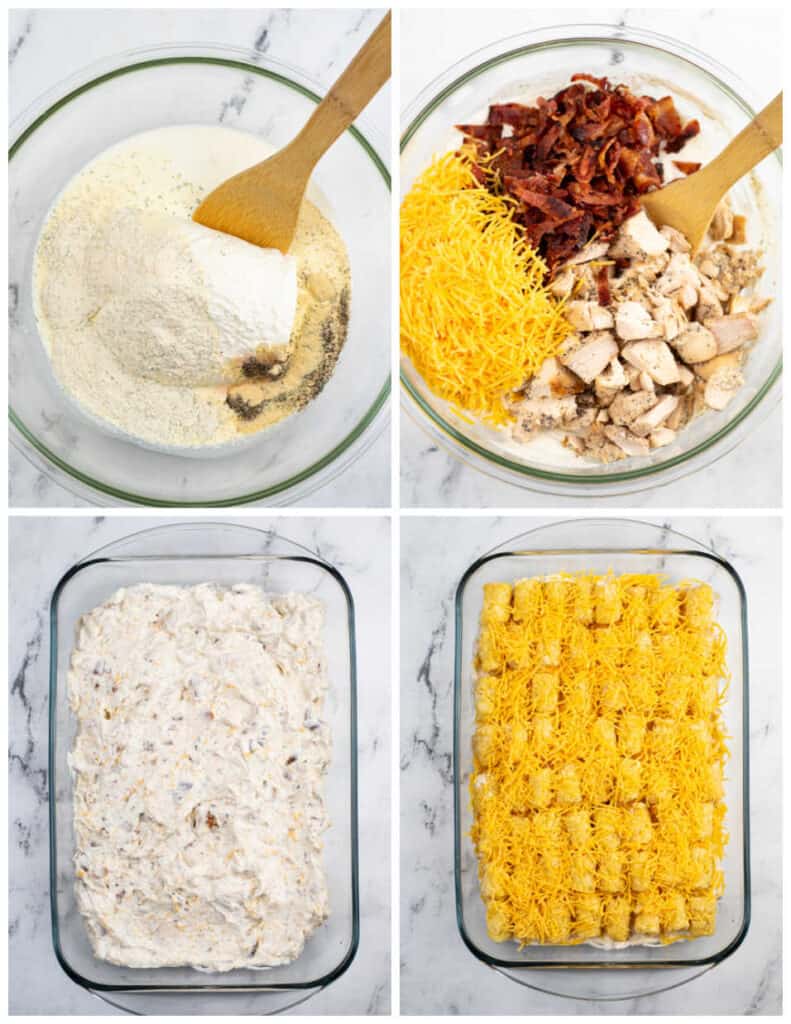 A collage showing the making of a chicken tater tot casserole The first shows a glass bowl with seasonings and cream cheese in it. In the second shredded cheese, bacon and cooked chicken have been added. In the third picture the chicken mixture has been spread in a baking pan, in the final picture tater tots and shredded cheese have been added.