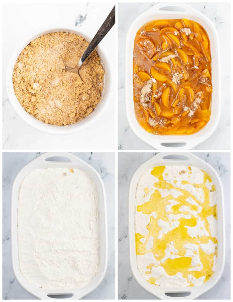 A collage of four pictures showing how to make peach cobbler with cake mix. The first picture shows a small bowl with cinnamon corn starch and brown sugar mixed together. In the second sliced peaches have been placed in a baking pan and topped with the brown sugar mixture. In the third picture cake mix has been spread across the peaches and in the final picture melted butter has been poured across the cake mix.