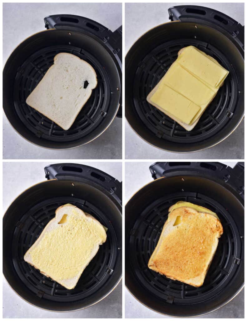 A collage of four pictures showing how to make air fryer grilled cheese. The first shows a piece of bread in the air fryer basket, the second picture shows slices of cheese layered on the bread. In the third picture another slice of bread has been added.