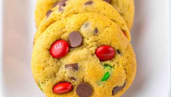 A close up of Christmas chocolate chip cookies