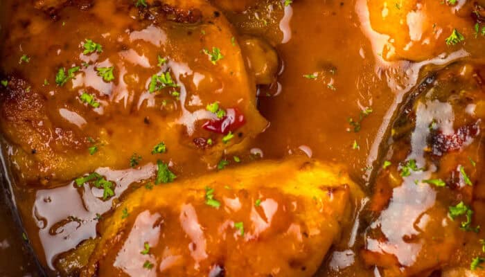 a close up of slow cooker apricot chicken